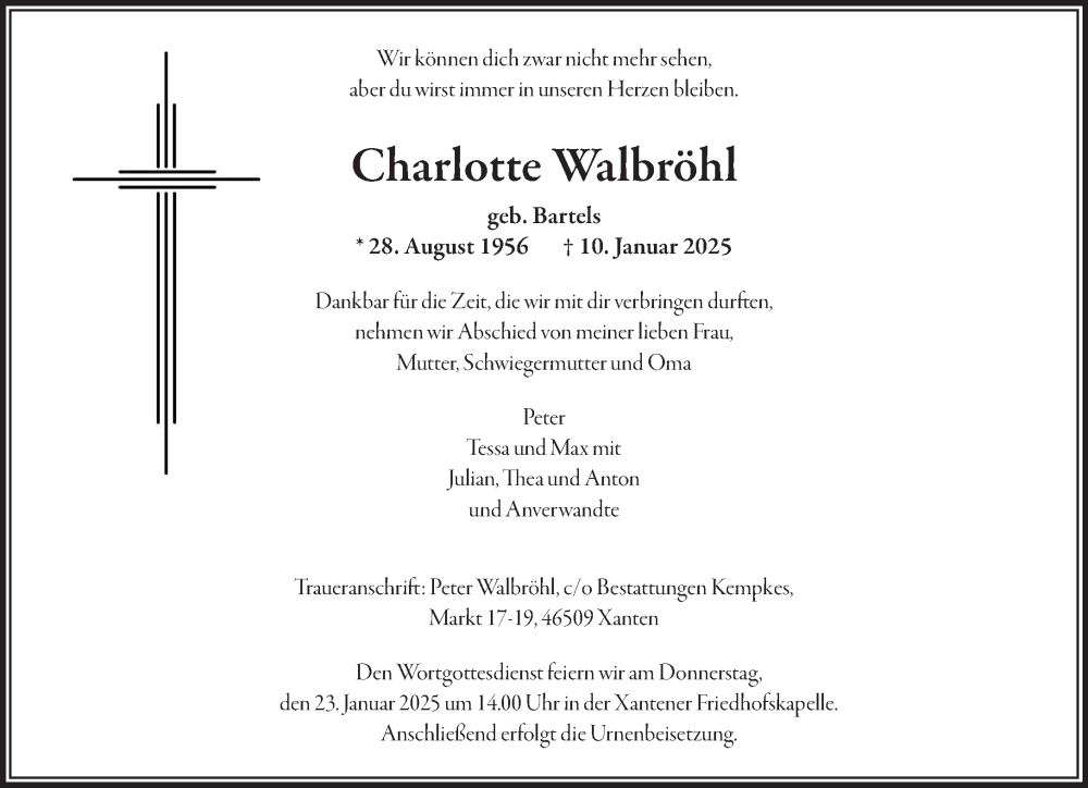  Traueranzeige für Charlotte Walbröhl vom 18.01.2025 aus NNA