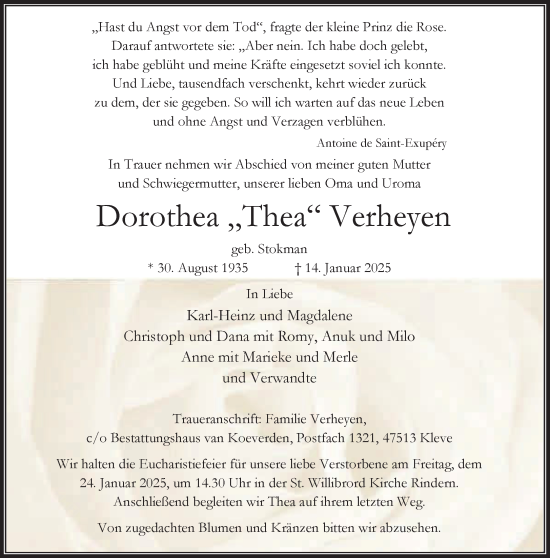 Traueranzeige von Dorothea Verheyen von NNA