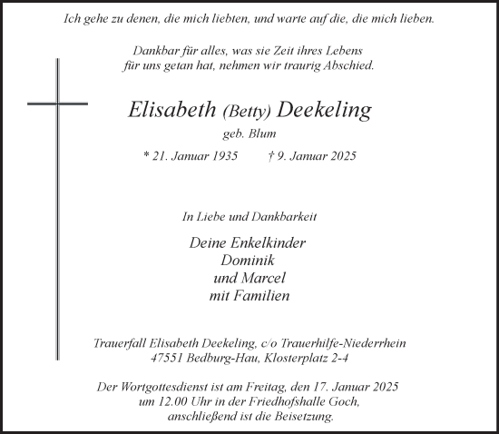 Traueranzeige von Elisabeth  Deekeling von NNA