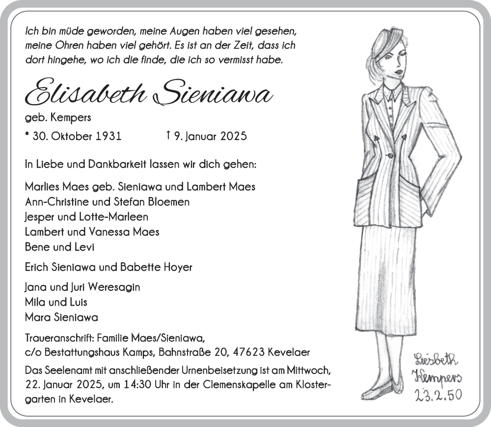  Traueranzeige für Elisabeth Sieniawa vom 18.01.2025 aus NNA