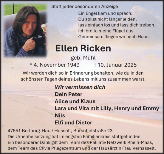 Traueranzeige von Ellen Ricken von NNA
