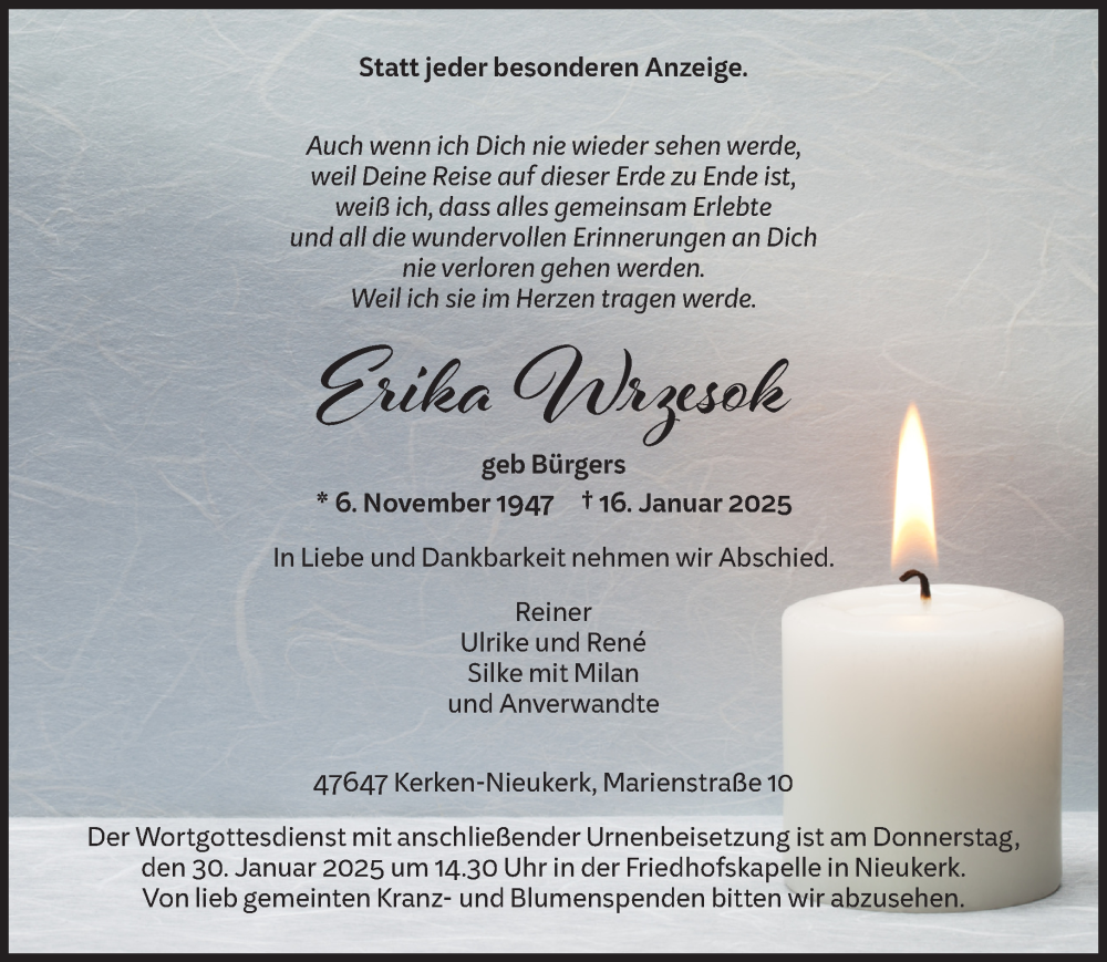  Traueranzeige für Erika Wrzesok vom 25.01.2025 aus NNA