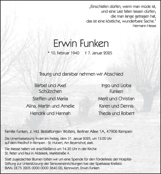 Traueranzeige von Erwin Funken von NNA