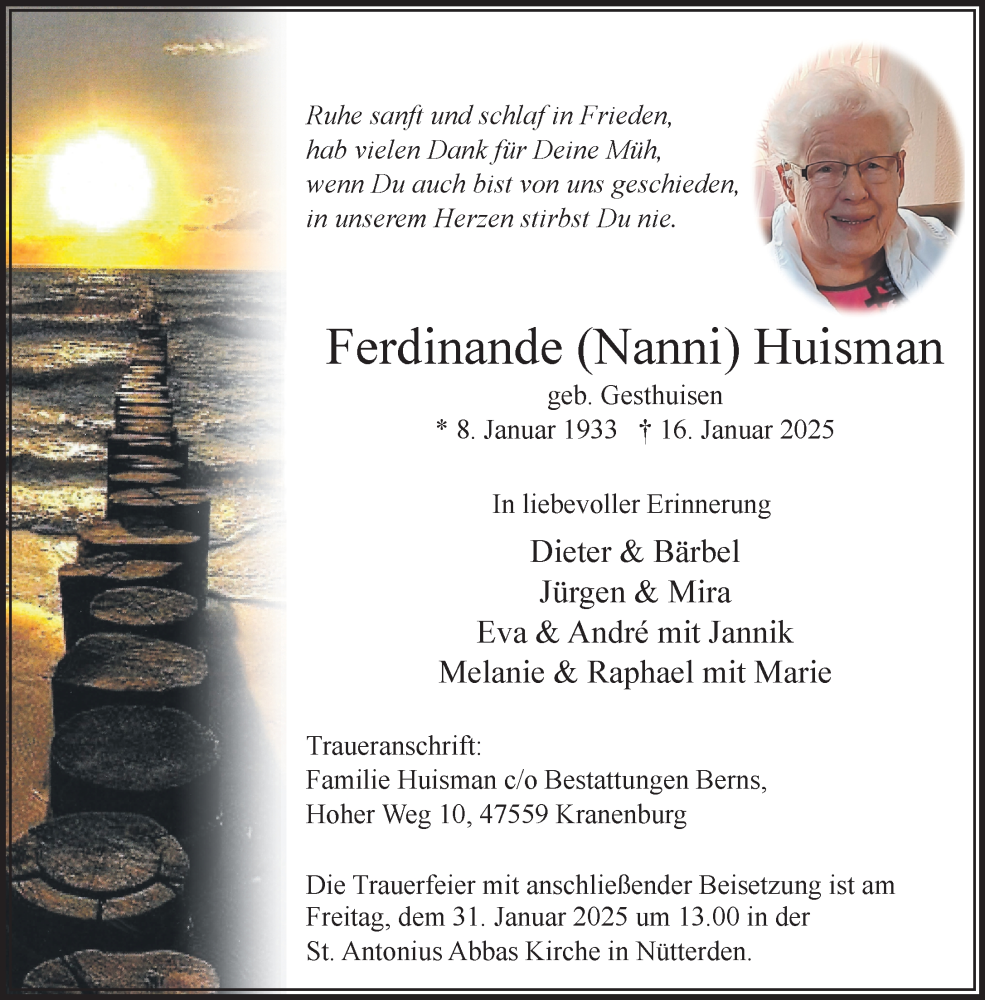  Traueranzeige für Ferdinande Huisman vom 25.01.2025 aus NNA