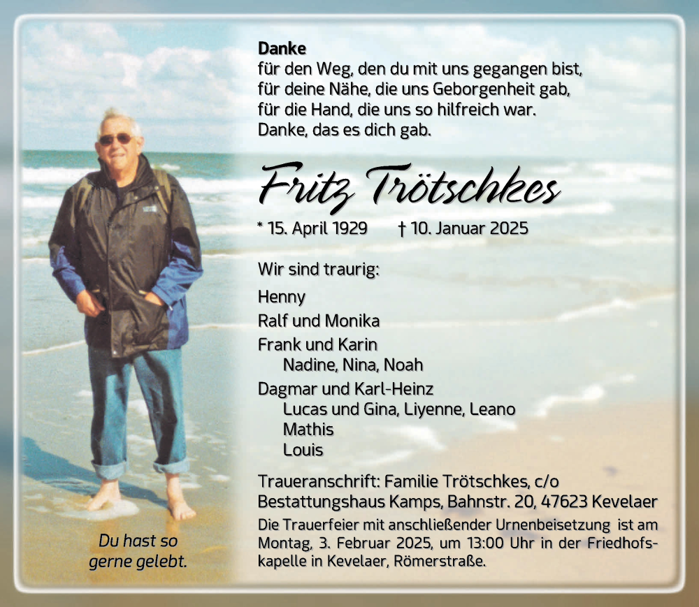  Traueranzeige für Fritz Trötschkes vom 25.01.2025 aus NNA