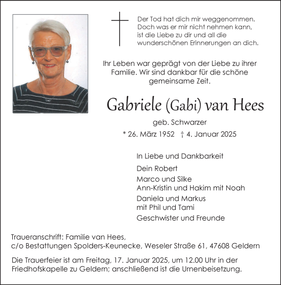 Traueranzeige von Gabriele  van Hees von NNA