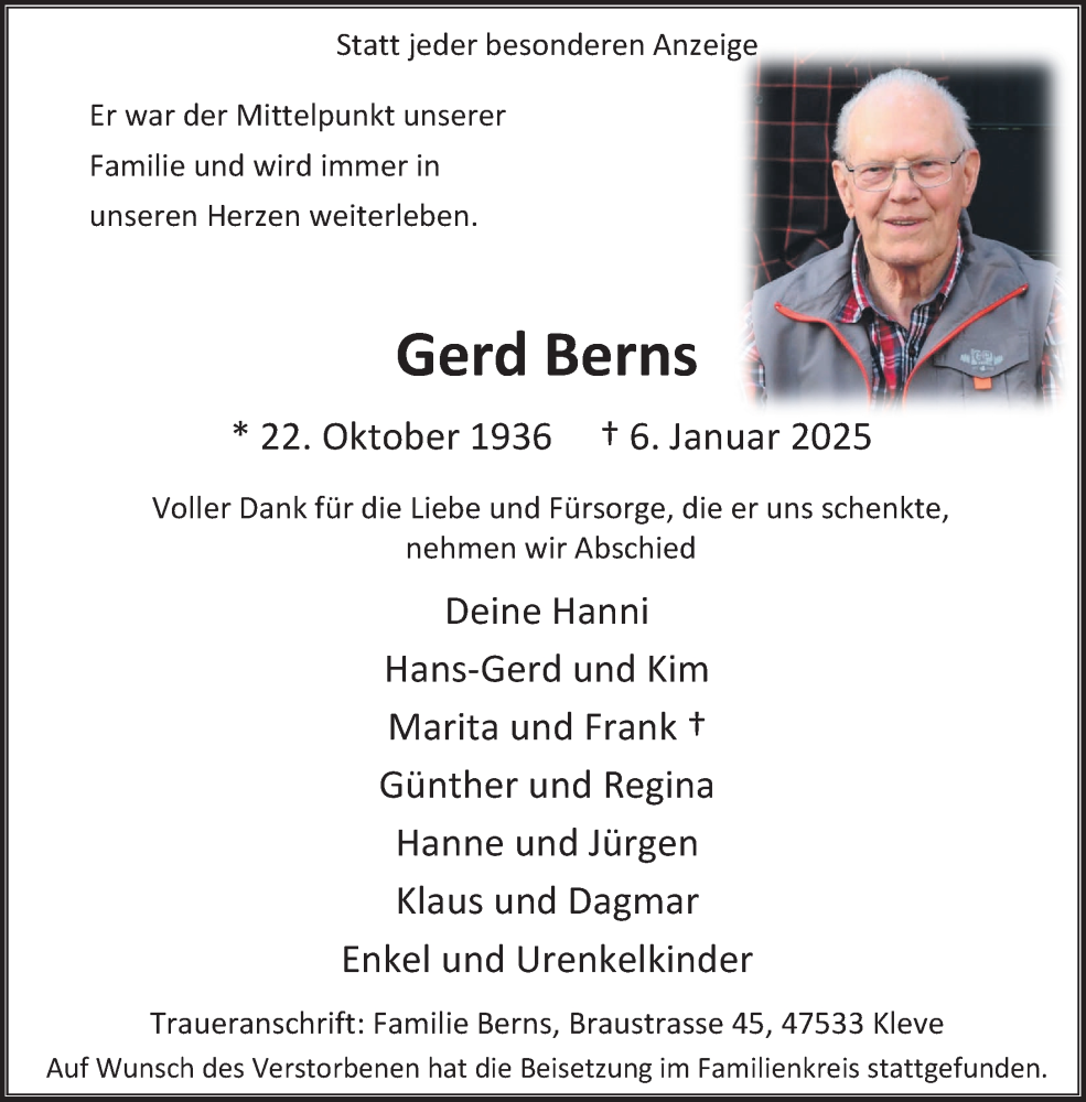  Traueranzeige für Gerd Berns vom 18.01.2025 aus NNA
