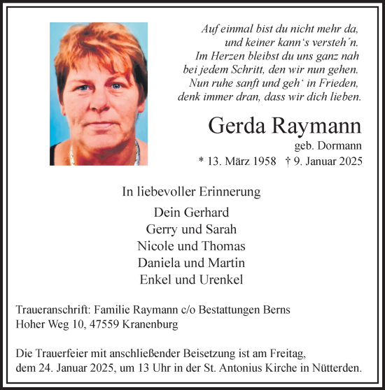 Traueranzeige von Gerda Raymann von NNA
