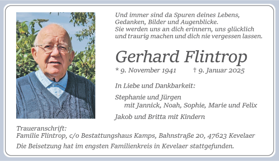Traueranzeige von Gerhard Flintrop von NNA