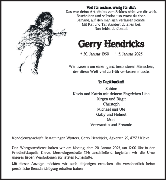 Traueranzeige von Gerry Hendricks von NNA