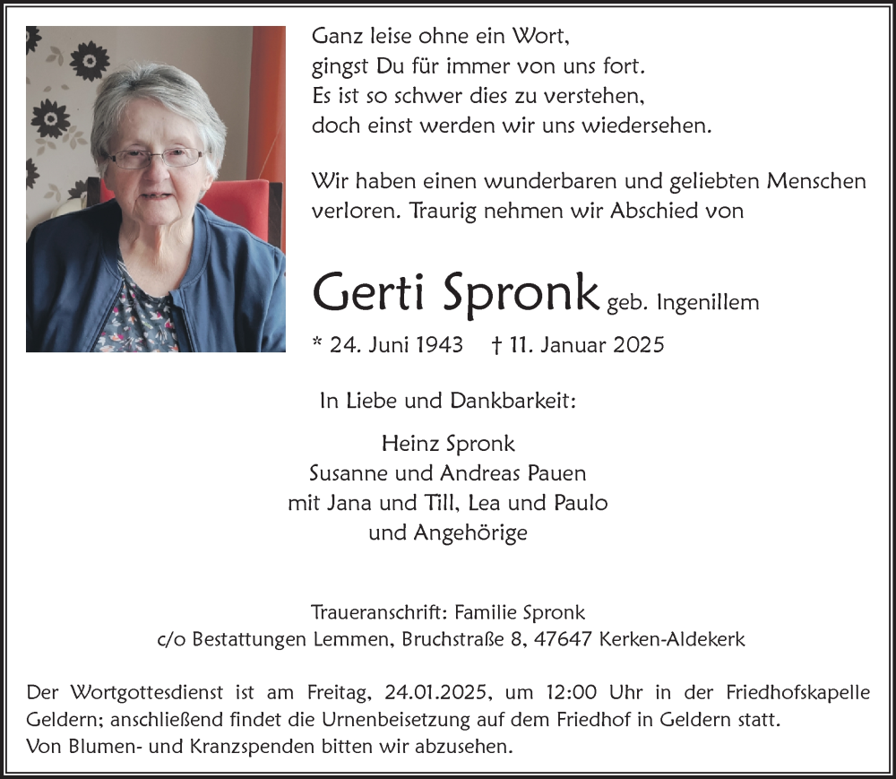  Traueranzeige für Gerti Spronk vom 18.01.2025 aus NNA