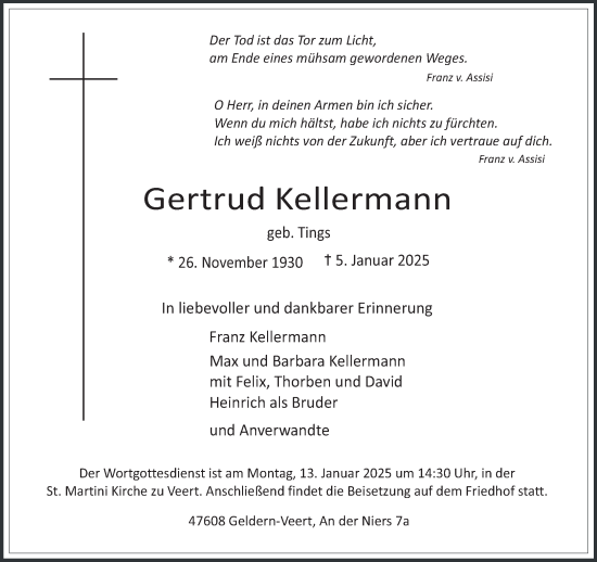 Traueranzeige von Gertrud Kellermann von NNA
