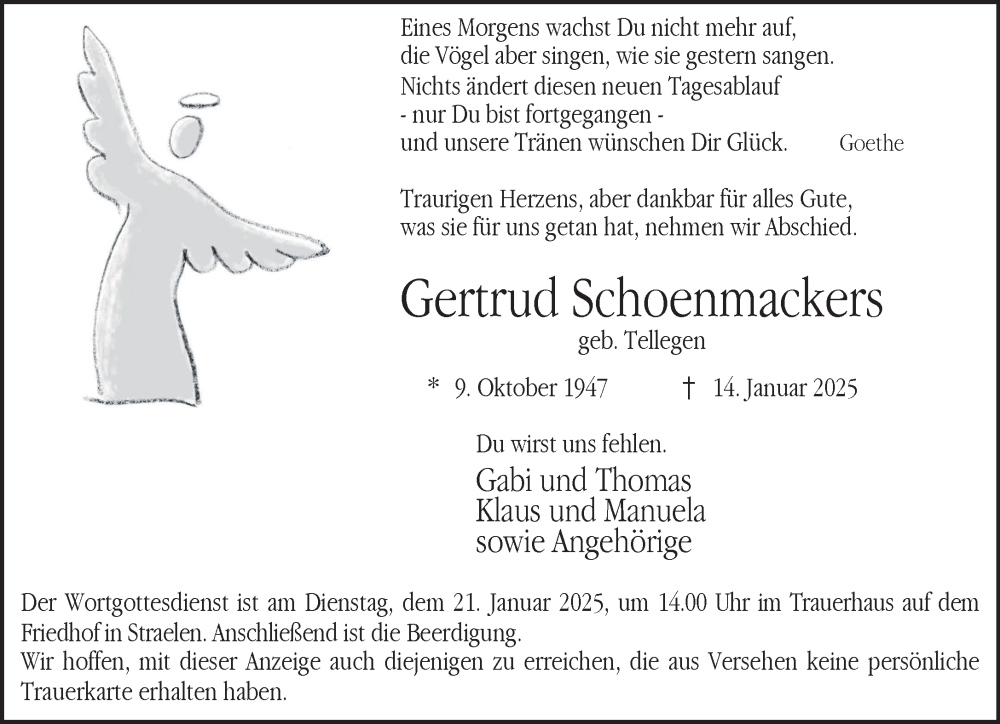  Traueranzeige für Gertrud Schoenmackers vom 18.01.2025 aus NNA