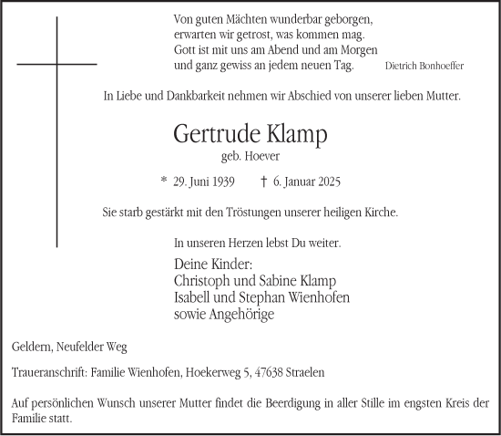 Traueranzeige von Gertrude Klamp von NNA