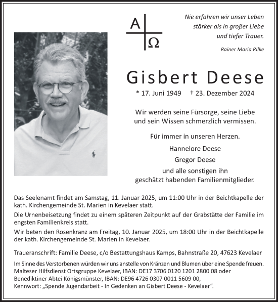 Traueranzeige von Gisbert Deese von NNA