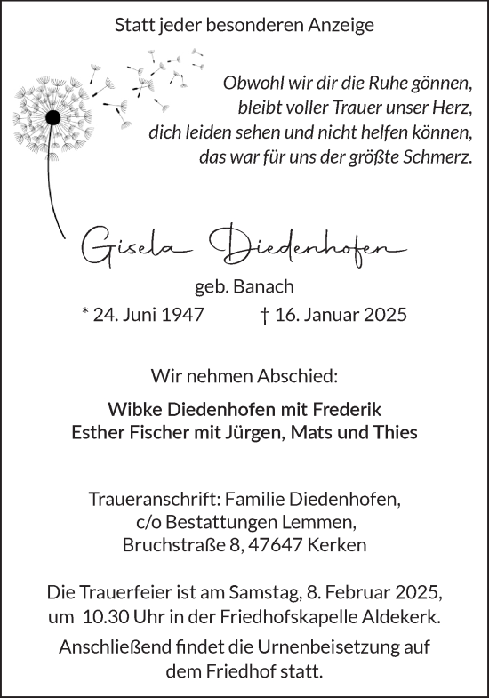 Traueranzeige von Gisela Diedenhofen von NNA