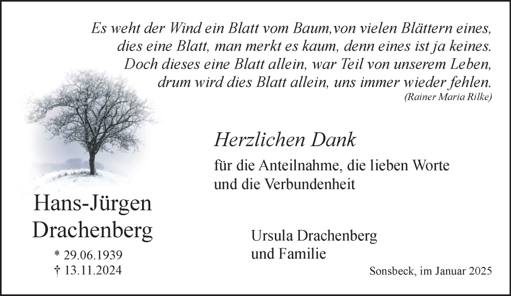  Traueranzeige für Hans-Jürgen Drachenberg vom 04.01.2025 aus NNA