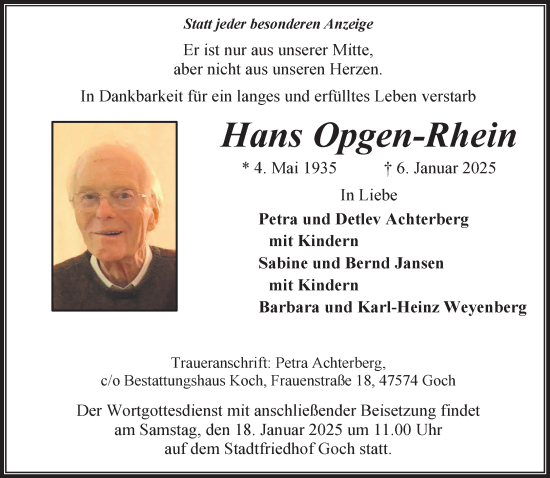 Traueranzeige von Hans Opgen-Rhein von NNA