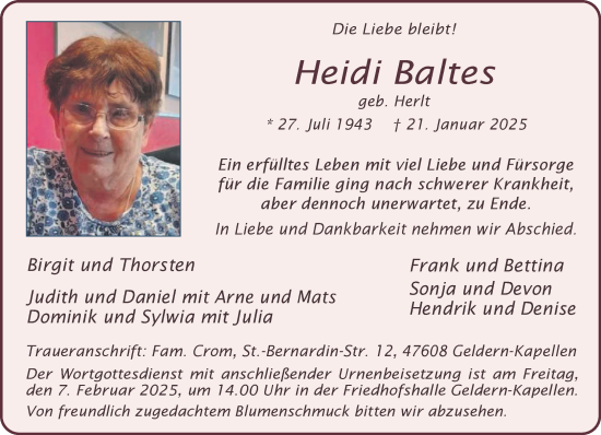 Traueranzeige von Heidi Baltes von NNA