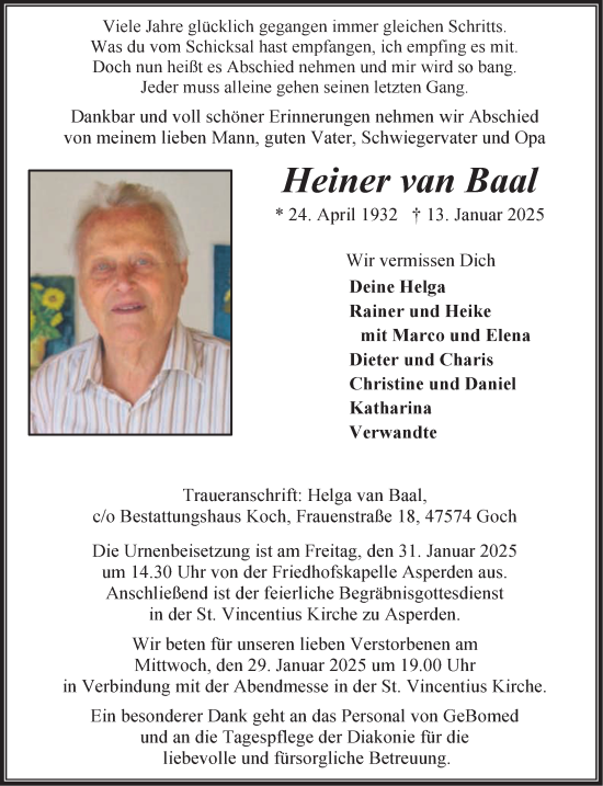 Traueranzeige von Heiner van Baal von NNA