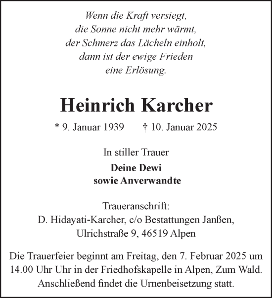 Traueranzeige von Heinrich Karcher von NNA