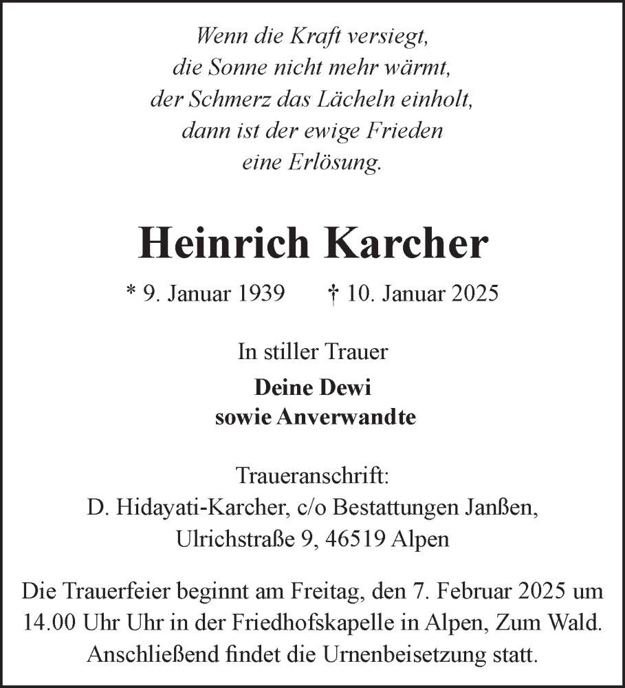  Traueranzeige für Heinrich Karcher vom 29.01.2025 aus NNA