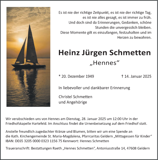 Traueranzeige von Heinz Jürgen Schmetten von NNA