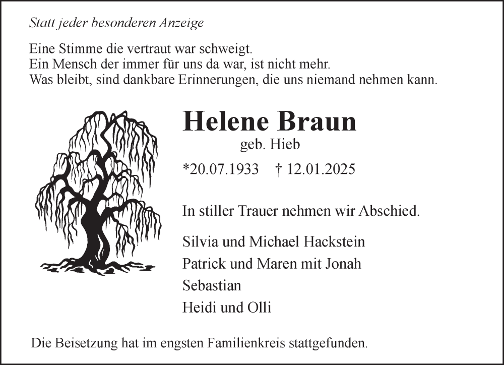  Traueranzeige für Helene Braun vom 22.01.2025 aus NNA