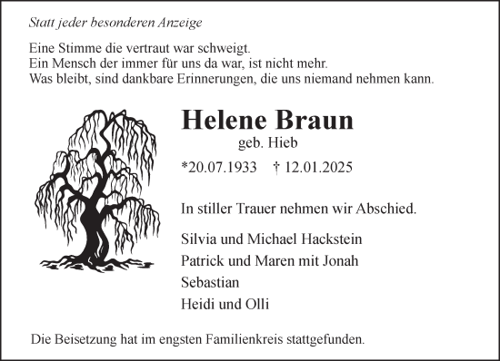 Traueranzeige von Helene Braun von NNA