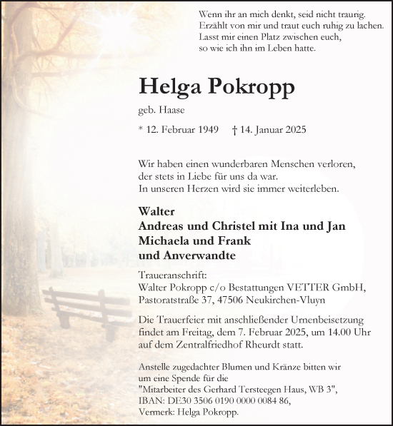 Traueranzeige von Helga Pokropp von NNA