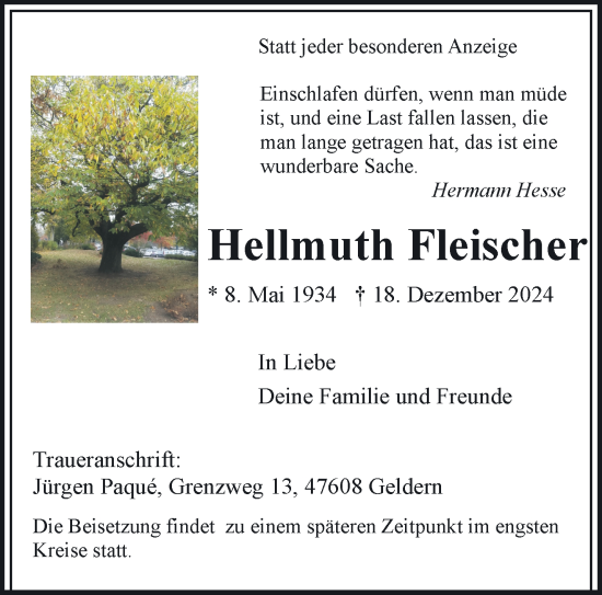 Traueranzeige von Hellmuth Fleischer von NNA