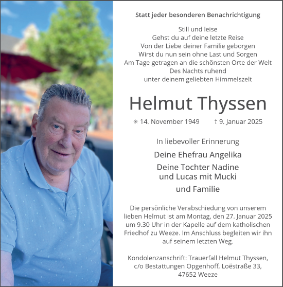 Traueranzeige von Helmut Thyssen von NNA