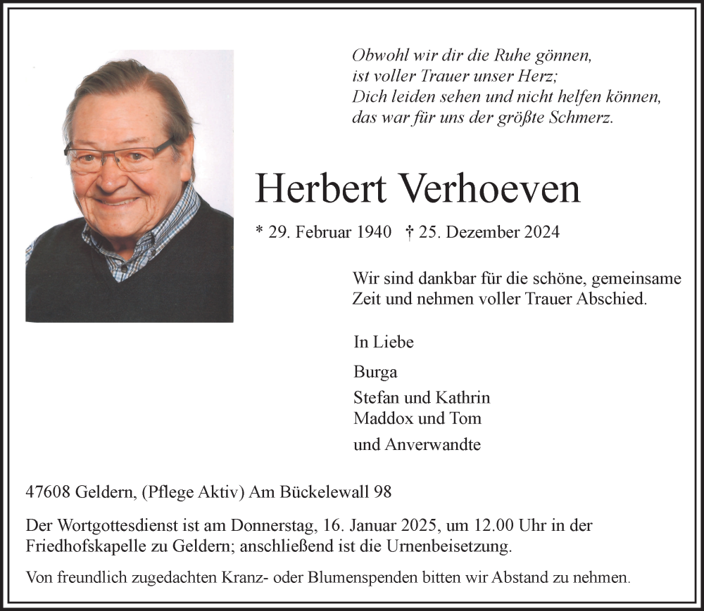  Traueranzeige für Herbert Verhoeven vom 11.01.2025 aus NNA