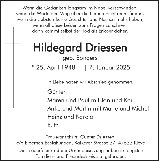 Traueranzeige von Hildegard Driessen von NNA