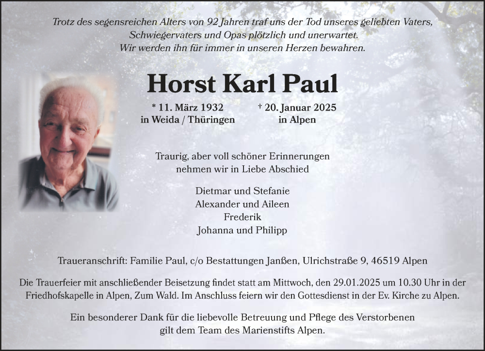  Traueranzeige für Horst Karl Paul vom 25.01.2025 aus NNA