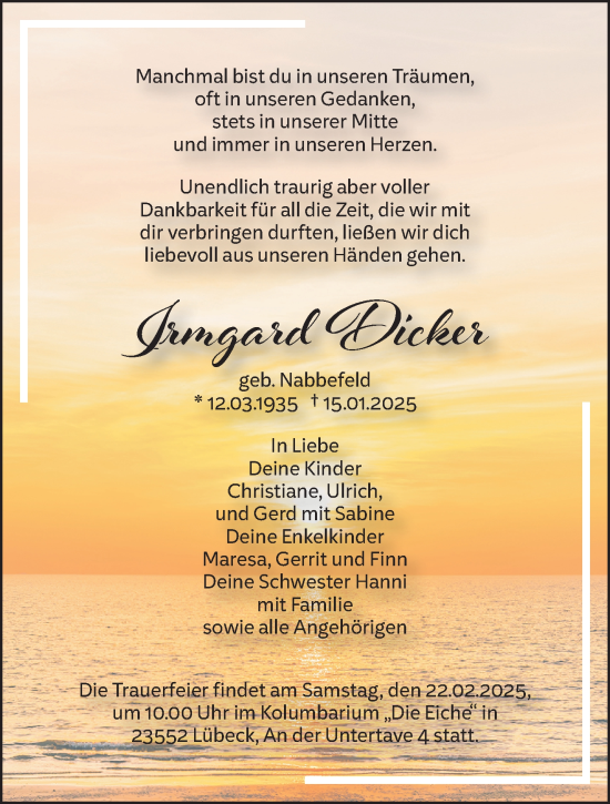 Traueranzeige von Imgar Dicker von NNA