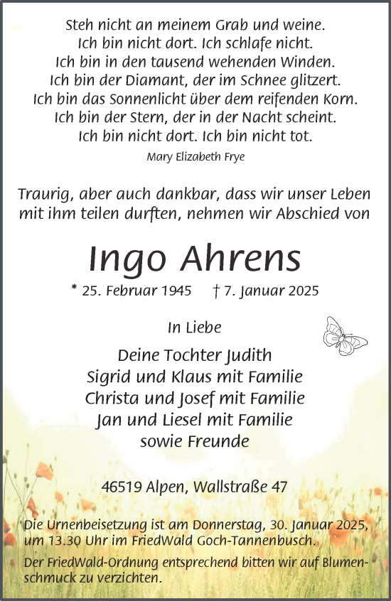Traueranzeige von Ingo Ahrens von NNA