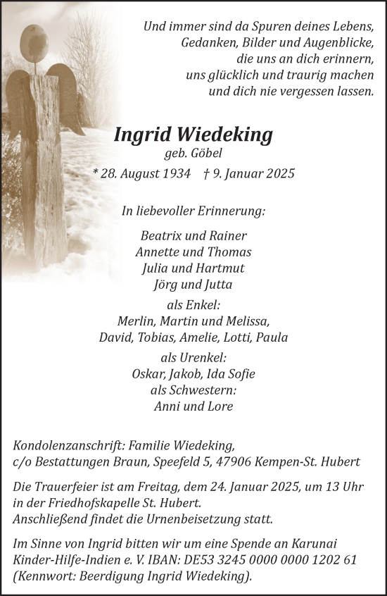 Traueranzeige von Ingrid Wiedeking von NNA