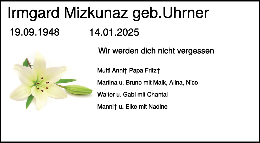  Traueranzeige für Irmgard Mizkunaz vom 29.01.2025 aus NNA