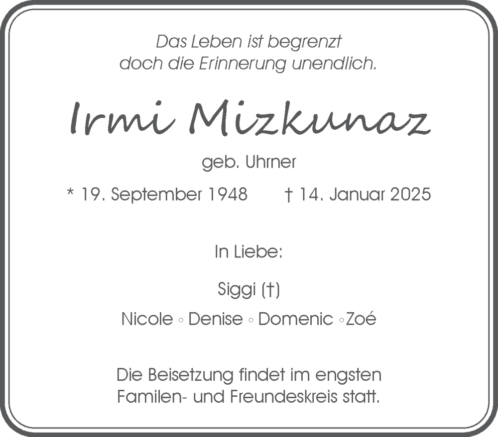  Traueranzeige für Irmi Mizkunaz vom 18.01.2025 aus NNA