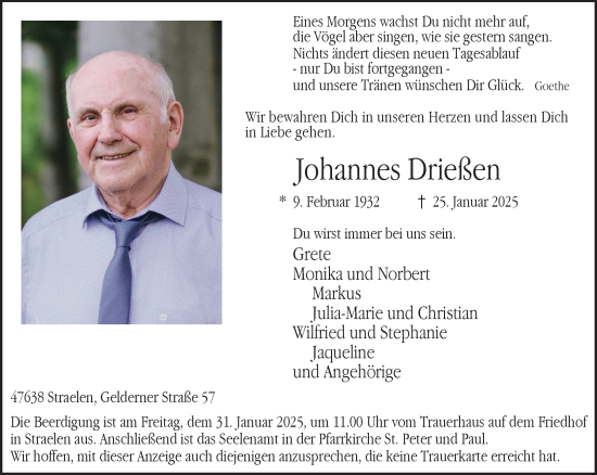 Traueranzeige von Johannes Drießen von NNA