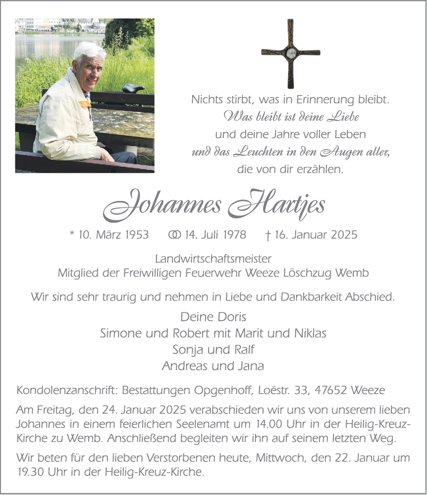  Traueranzeige für Johannes Hartjes vom 22.01.2025 aus NNA