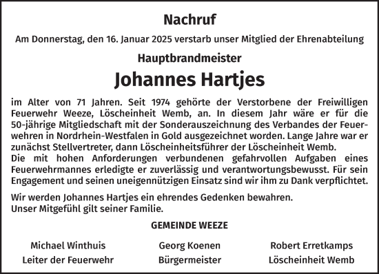 Traueranzeige von Johannes Hartjes von NNA