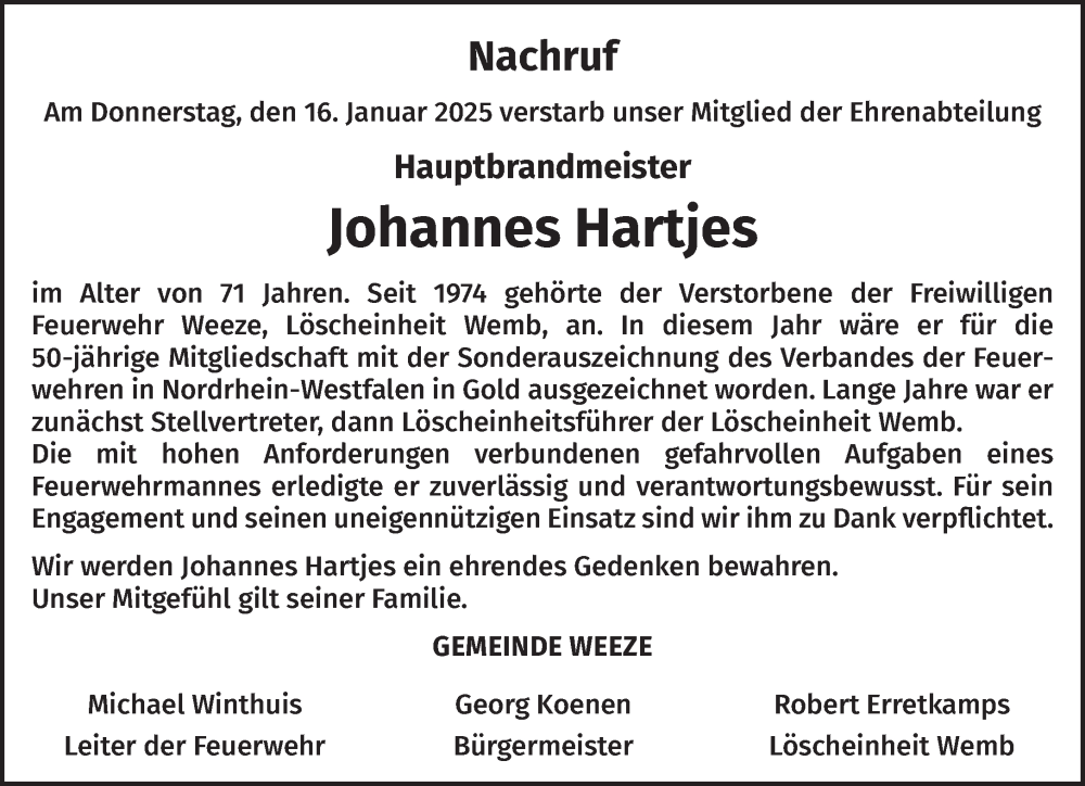  Traueranzeige für Johannes Hartjes vom 25.01.2025 aus NNA