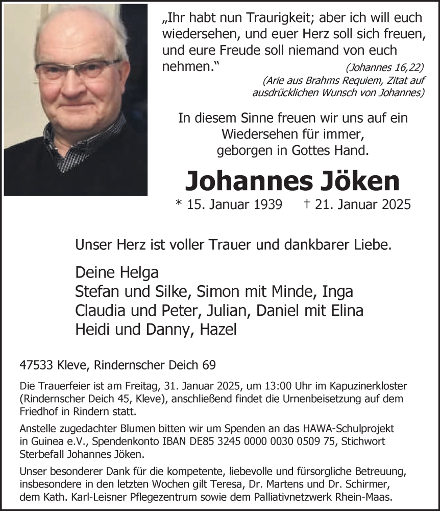  Traueranzeige für Johannes Jöken vom 25.01.2025 aus NNA