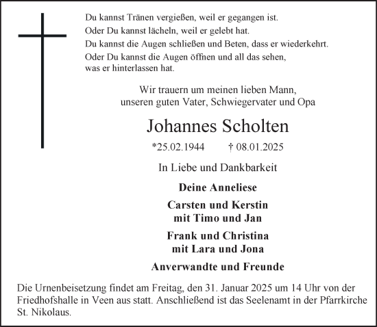 Traueranzeige von Johannes Scholten von NNA