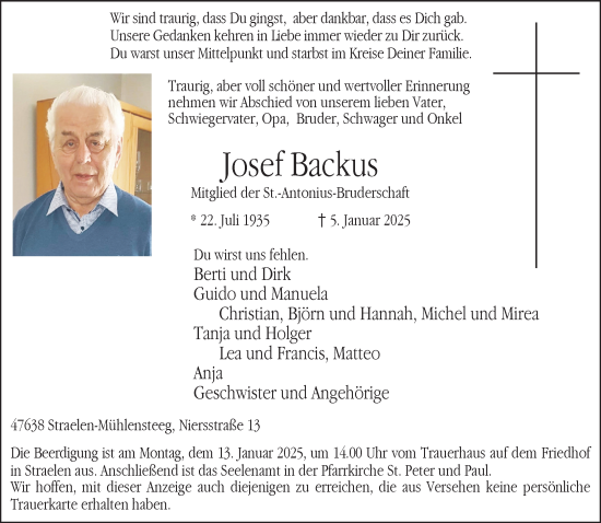 Traueranzeige von Josef Backus von NNA