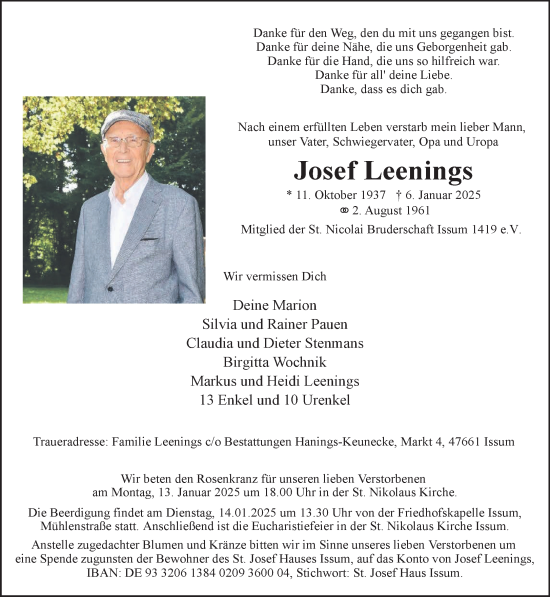 Traueranzeige von Josef Leenings von NNA