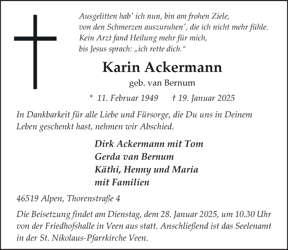  Traueranzeige für Karin Ackermann vom 25.01.2025 aus NNA