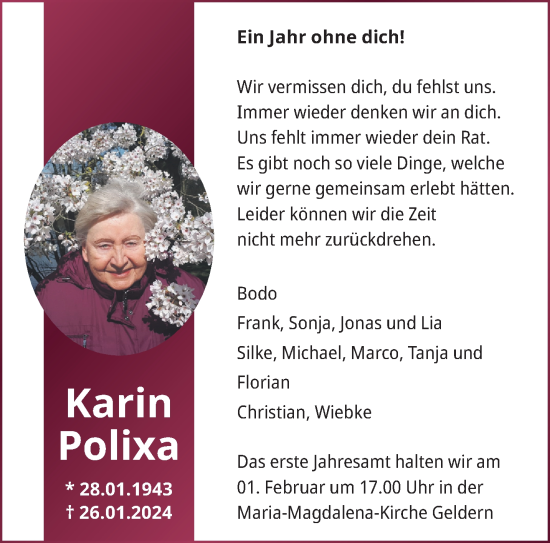 Traueranzeige von Karin Polixa von NNA